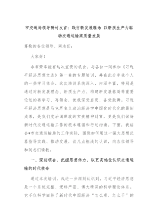 市交通局领导研讨发言：践行新发展理念 以新质生产力驱动交通运输高质量发展