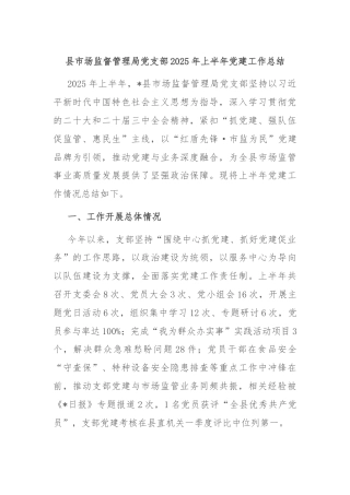 县市场监督管理局党支部2025年上半年党建工作总结