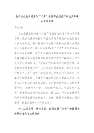 县长在全县农村集体“三资”管理深化规范行动动员部署会上的讲话