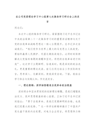 在公司党委理论学习中心组第七次集体学习研讨会上的发言