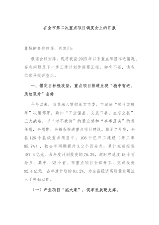 在全市第二次重点项目调度会上的汇报