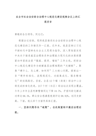 在全市社会治安综合治理中心规范化建设视频会议上的汇报发言