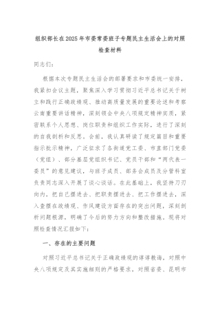 组织部长在2025年市委常委班子专题民主生活会上的对照检查材料