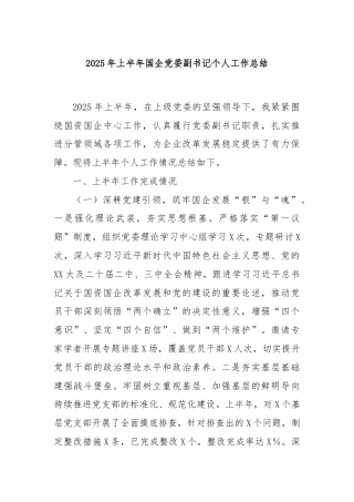 2025年上半年国企党委副书记个人工作总结
