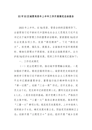 XX市XX区城管局某年上半年工作开展情况总结报告