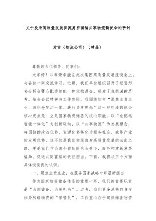 关于投身高质量发展洪流勇担国储共享物流新使命的研讨发言（物流公司）（精品）