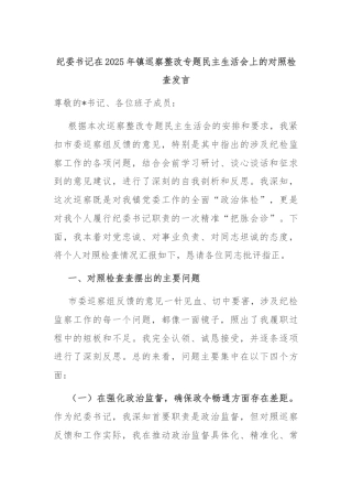 纪委书记在2025年镇巡察整改专题民主生活会上的对照检查发言
