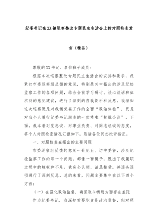 纪委书记在XX镇巡察整改专题民主生活会上的对照检查发言（精品）