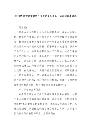 在2025年市委常委班子专题民主生活会上的对照检查材料