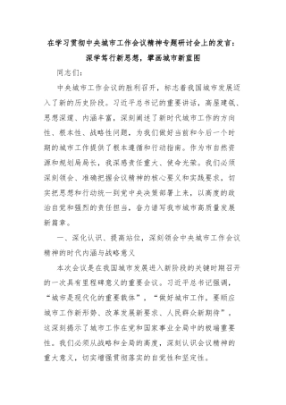 在学习贯彻中央城市工作会议精神专题研讨会上的发言：深学笃行新思想，擘画城市新蓝图