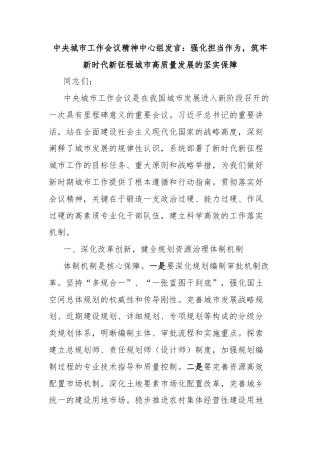 中央城市工作会议精神中心组发言：强化担当作为，筑牢新时代新征程城市高质量发展的坚实保障