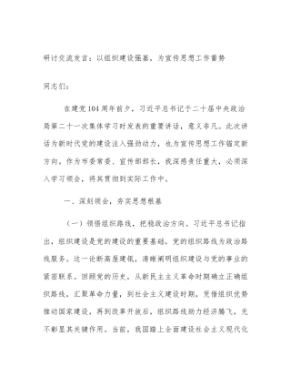 研讨交流发言：以组织建设强基，为宣传思想工作蓄势