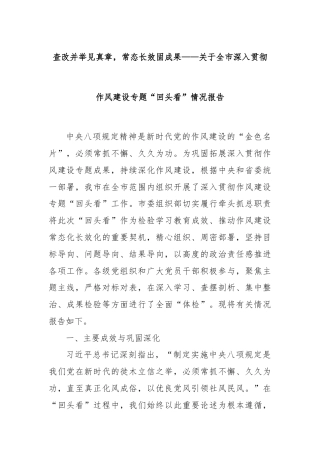 查改并举见真章，常态长效固成果——关于全市深入贯彻作风建设专题“回头看”情况报告