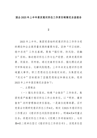 国企2025年上半年落实意识形态工作责任制情况自查报告2