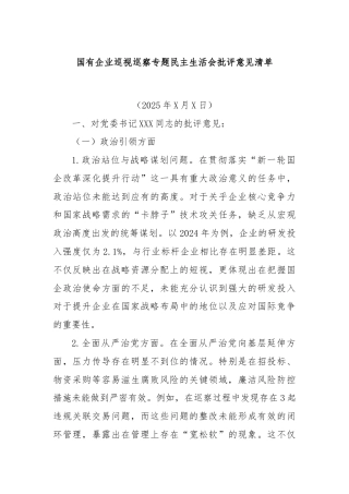 国有企业巡视巡察专题民主生活会批评意见清单