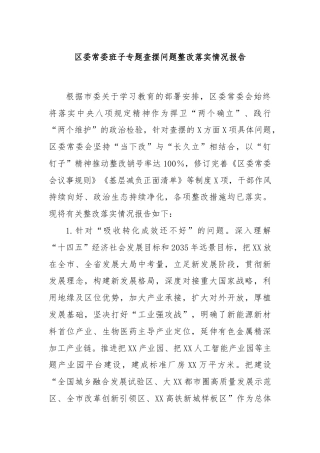 区委常委班子专题查摆问题整改落实情况报告