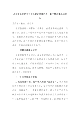 县民政局党委关于作风建设查摆问题、集中整治情况的报告