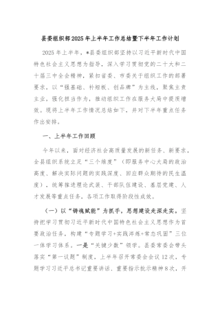 县委组织部2025年上半年工作总结暨下半年工作计划
