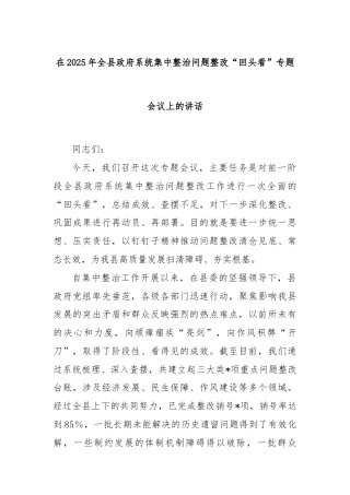在2025年全县政府系统集中整治问题整改“回头看”专题会议上的讲话