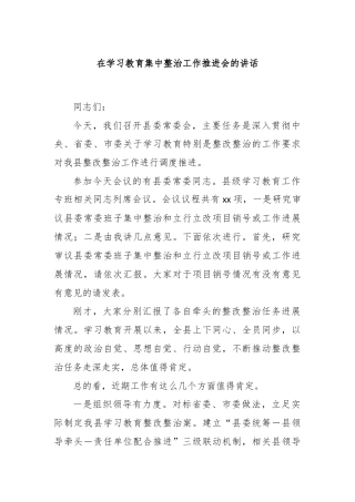 在学习教育集中整治工作推进会的讲话