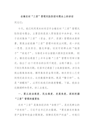 在镇农村“三资”管理风险防控专题会上的讲话