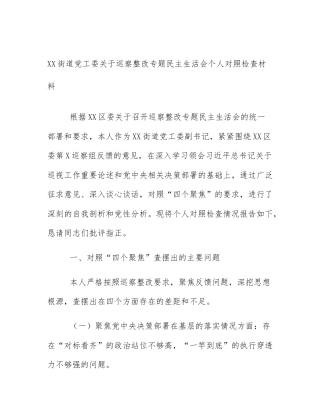 XX街道党工委关于巡察整改专题民主生活会个人对照检查材料