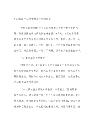 X区2025年应急管理工作调研报告