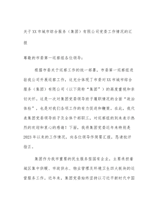 关于XX市城市综合服务（集团）有限公司党委工作情况的汇报