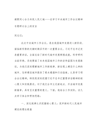 凝聚同心合力共筑人民之城——在学习中央城市工作会议精神专题研讨会上的发言