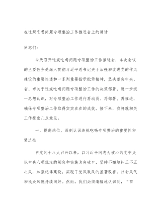 在违规吃喝问题专项整治工作推进会上的讲话