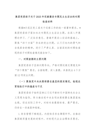 集团党委班子关于2025年巡察整改专题民主生活会的对照检查材料