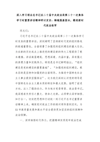 深入学习领会总书记在二十届中央政治局第二十一次集体学习时重要讲话精神研讨发言：铸魂强基固本，锻造新时代政法铁军
