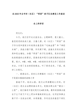 在2025年全市村（社区）“两委”班子队伍建设工作座谈会上的讲话