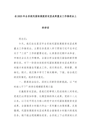 在2025年全系统巩固拓展脱贫攻坚成果重点工作推进会上的讲话