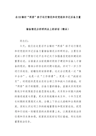 在XX镇村“两委”班子运行情况和村党组织书记后备力量储备情况分析研判会上的讲话（精品）