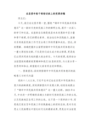 在县委年轻干部培训班上的党课讲稿