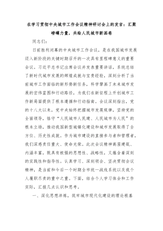 在学习贯彻中央城市工作会议精神研讨会上的发言：汇聚磅礴力量，共绘人民城市新画卷