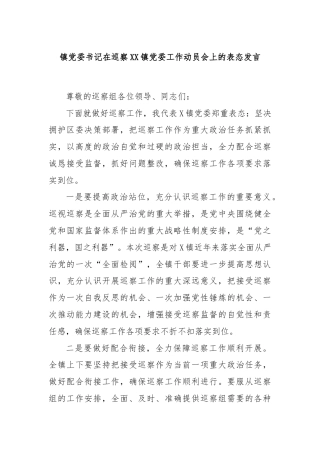 镇党委书记在巡察XX镇党委工作动员会上的表态发言