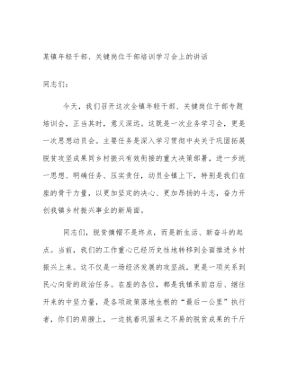 某镇年轻干部、关键岗位干部培训学习会上的讲话