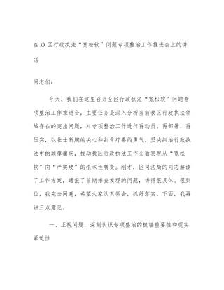在XX区行政执法“宽松软”问题专项整治工作推进会上的讲话