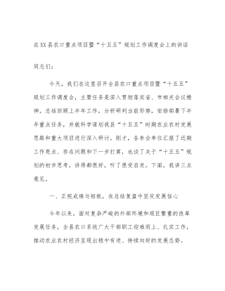 在XX县农口重点项目暨“十五五”规划工作调度会上的讲话
