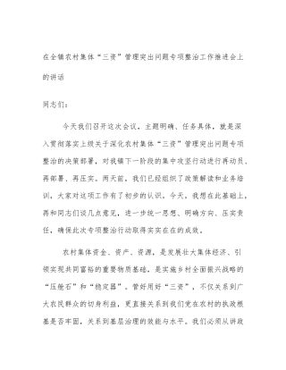 在全镇农村集体“三资”管理突出问题专项整治工作推进会上的讲话