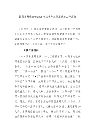 区税务局党支部2025年上半年抓基层党建工作总结