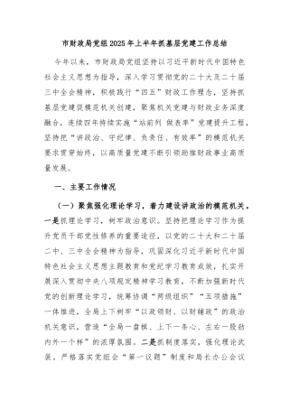 市财政局党组2025年上半年抓基层党建工作总结