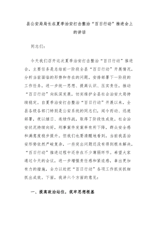 县公安局局长在夏季治安打击整治“百日行动”推进会上的讲话