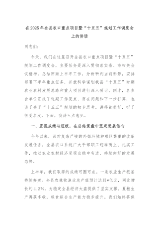 在2025年全县农口重点项目暨“十五五”规划工作调度会上的讲话