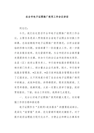 在全市电子证照推广使用工作会议讲话
