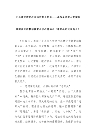 正风肃纪砺初心法治护航显担当——参加全县深入贯彻作风建设专题警示教育会议心得体会（某某县司法局局长）