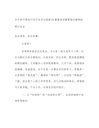 关于学习贯彻习近平总书记视察XX重要讲话重要指示精神的研讨发言