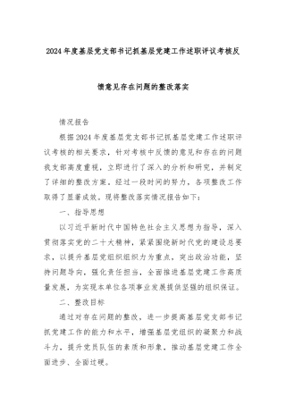 2024年度基层党支部书记抓基层党建工作述职评议考核反馈意见存在问题的整改落实
